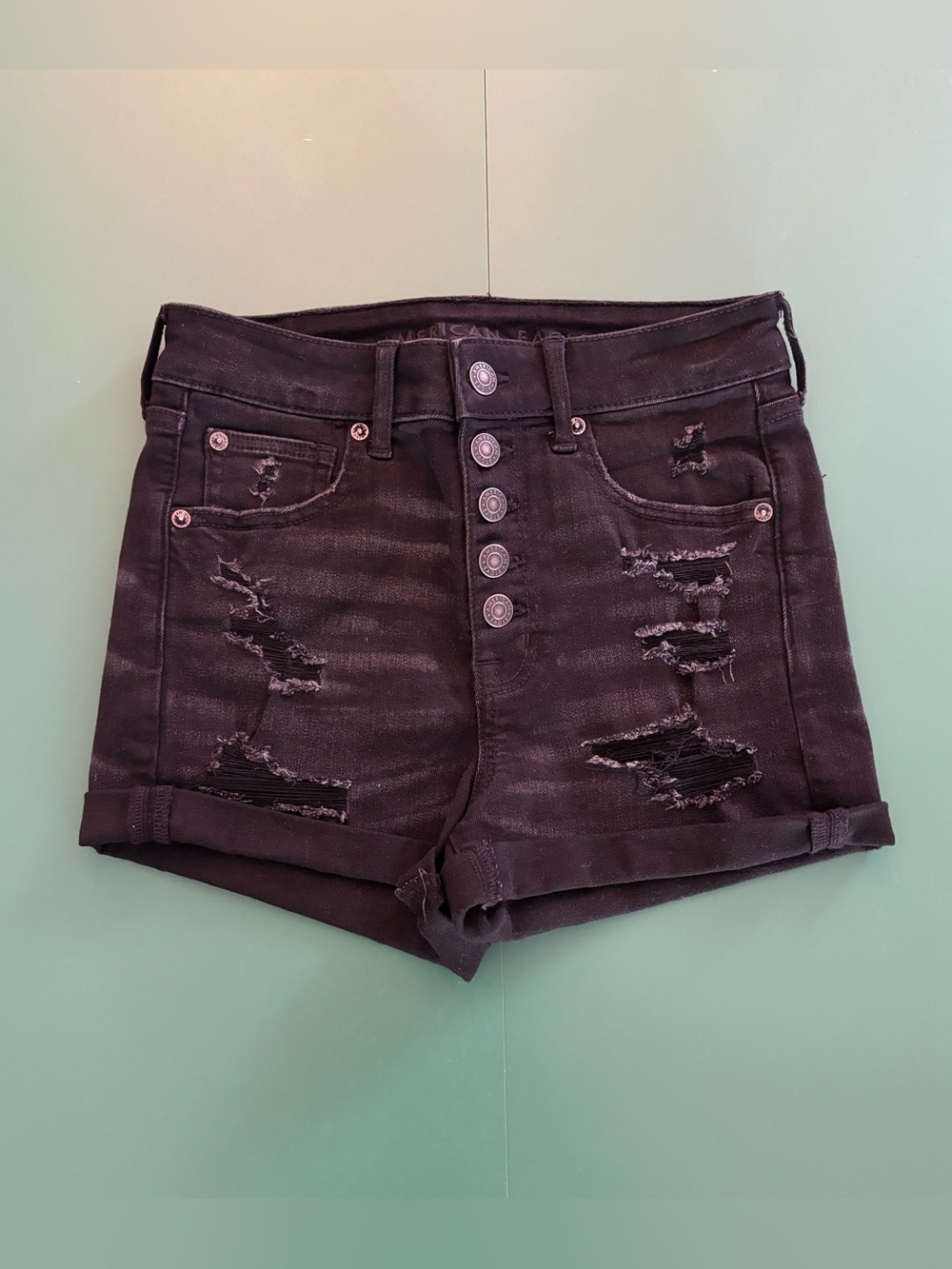 American Eagle Outfitters Size 2 Black Distress High-Rise Button-Fly Jean Shorts